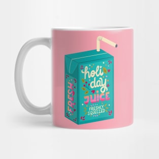 Juice box with hand lettering holiday juice. Cute festive winter holiday illustration. Bright colorful pink and blue greeting card. Mug